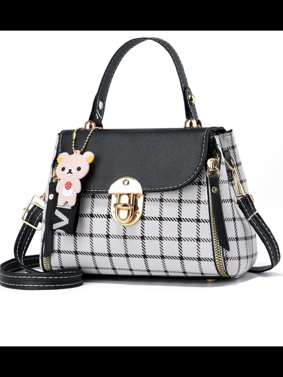 Handbags - Plaid Black and White Top-Handle Satchel with Charm
